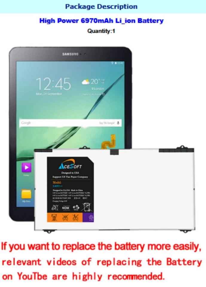 6970mAh 锂电池拆卸工具 适用于三星 Galaxy Tab S2 9.7" SM-T817V — 第 2/2 张图片