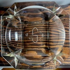 Vintage MCM Champagne Faceted Square Glass Ashtray/etched “S” in Diamond design