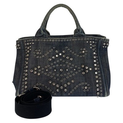 PRADA Bijoux Canapa triangle with logo Tote Bag Shoulder Bag 2way Navy Blue