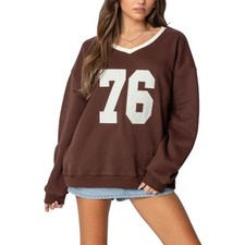 Edikted Oversized V-Neck Sweatshirt Small Brown 76 Varsity Patch
