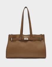 Women's Brown Solid Rectangle Tote Bag Buckle Closure, Double Handles, Silver