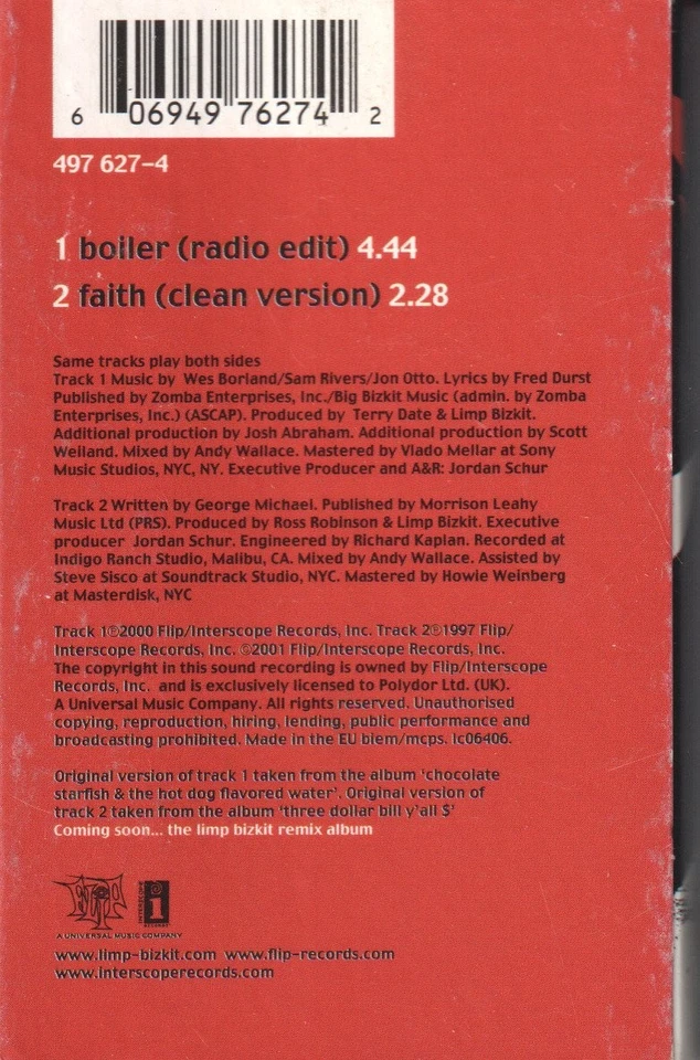 Limp Bizkit Boiler cassette UK Interscope 2001 cassette single in card outer - Image 2 of 4