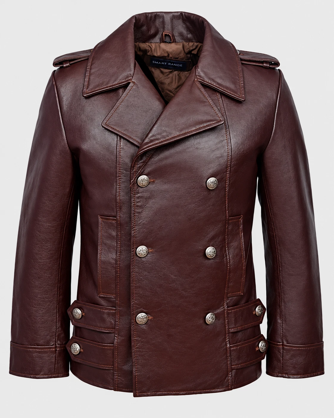 Mens Maroon Real Leather Pea Coat Double Breasted Naval Military Jacket Oxblood image 2