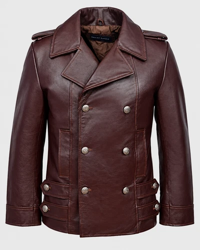Mens Maroon Real Leather Pea Coat Double Breasted Naval Military Jacket Oxblood image 2
