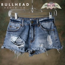Bullhead High Rise Distressed Destroyed Cutoff Shorts Fade Fringe Med Wash Sz3.