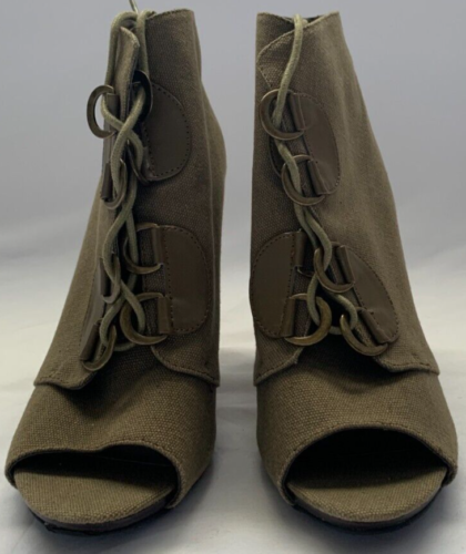 ELLE Vaughn Olive Green Peep Toe Lace-Up High Heel Booties, Canvas~Size 7.5 - Picture 2 of 6