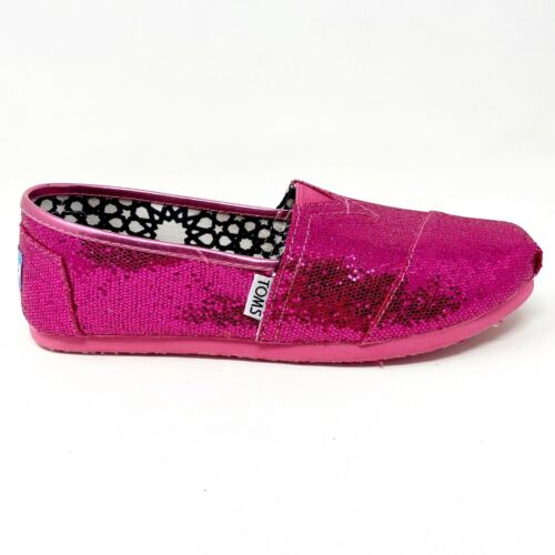Toms Classics Hot Pink Glitter Youth Slip On Casual Canvas Flat Shoes - Picture 1 of 5