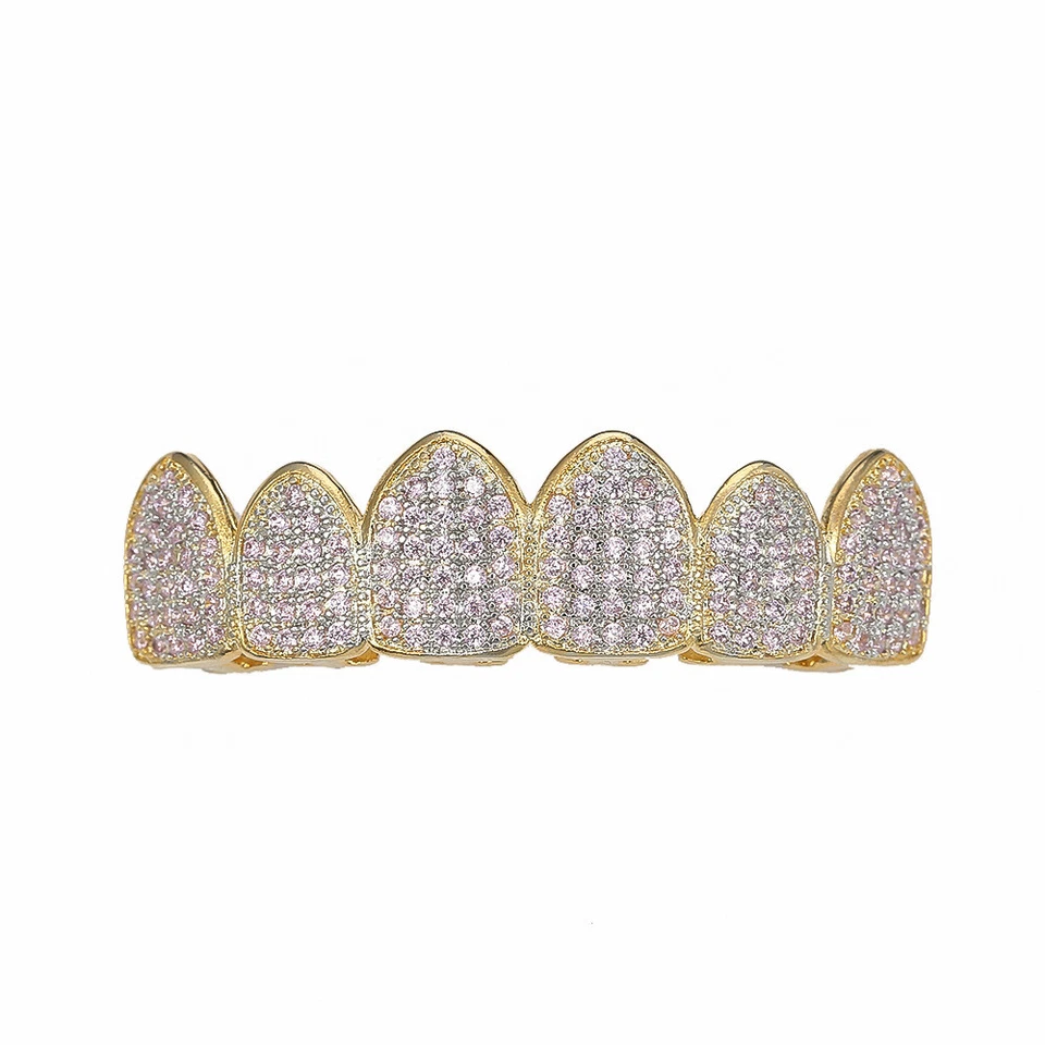 6 Teeth Grillz PINK CZ Mouth Top Bottom Iced   Bling Hip Hop Tooth Caps A9273 Foto 4 de 4