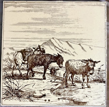 Antique Minton Hollins Tile of 3 Donkeys, Signed by W P Simpson, circa 1880's.
