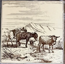 Antique Minton Hollins Tile of 3 Donkeys, Signed by W P Simpson, circa 1880's.