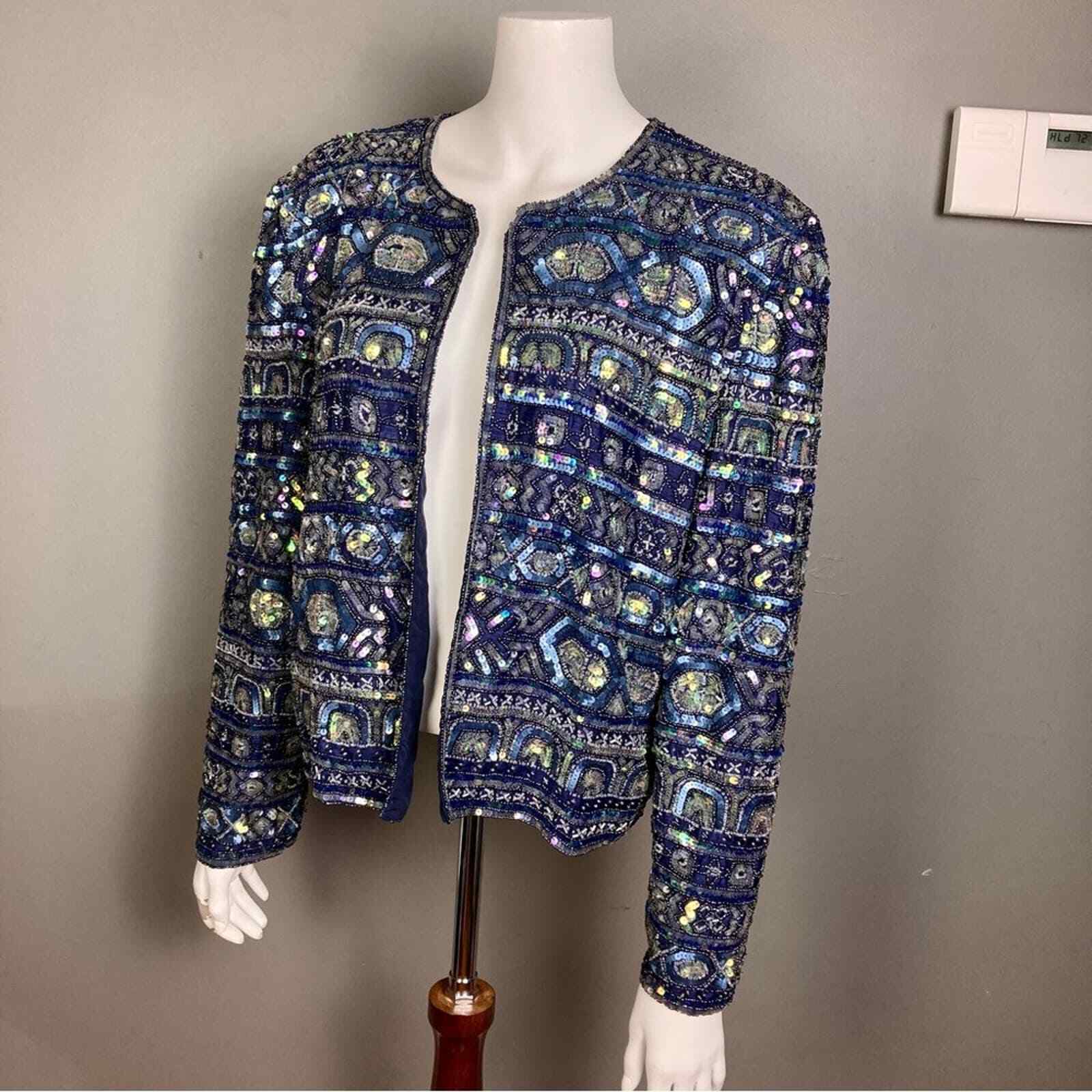 Adrianna Papell jacket Large Petite beaded evening sequins blue
