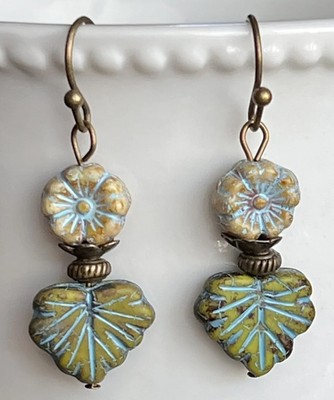 Bronze, Beige Picasso Czech Flowers and Green Leaves with Blue Wash. Fall