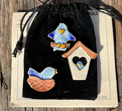 #ad #ad ExClaymations Blue Birds By Art To Wear Pin Brooch Handcrafted 22 K Gold Trim $24.95