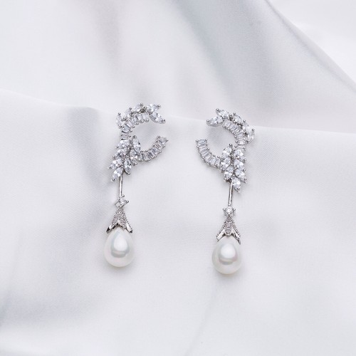 Princess of Wales Shell Pearl Drop Earrings With MultiShape 5A Cubic Zirconia - Picture 9 of 24