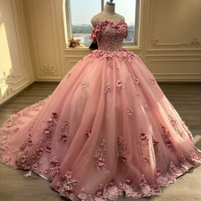 Vestidos de Quinceañera Rosa Flores 3D Hombro Descubierto Dulce 16 XV Vestidos Vestido de Baile