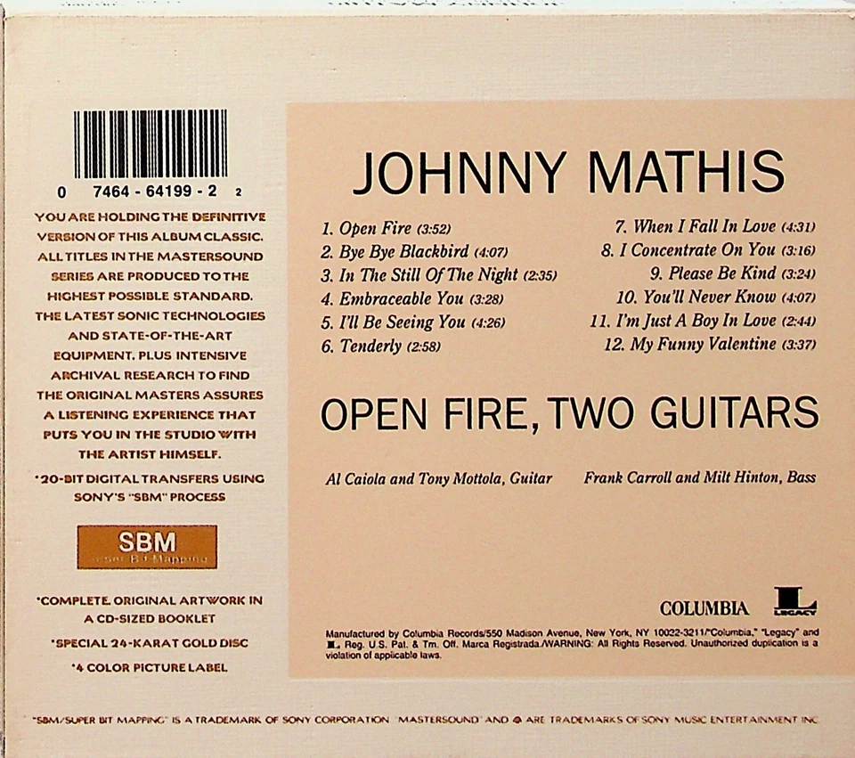 JOHNNY MATHIS Open Fire Two Guitars GOLD 24k DISC Mastersound CD 1994 Audiophile - Image 3 of 3
