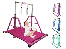 Foldable & Moveable Gymnastics Horizontal Bar with MAT-Pink with Rings