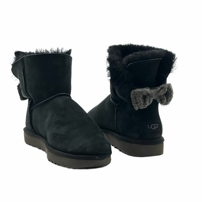 UGG Mini Bailey Bow II Black Suede Boots Womens 9 Gray Knit Bow