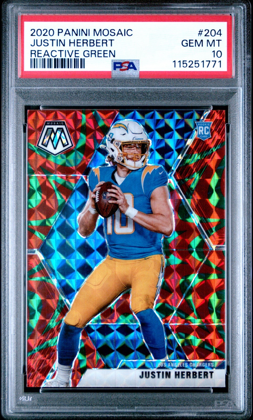 2020 PANINI MOSAIC #204 JUSTIN HERBERT REACTIVE GREEN PSA 10