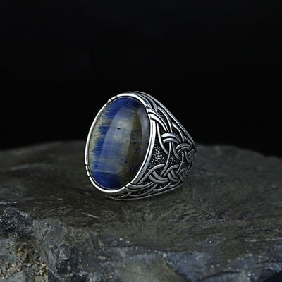 925 Men Blue Tiger Eye Stone Large Handmade Tiger Eye Ring