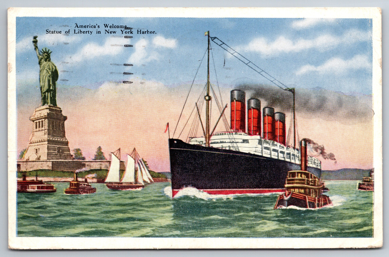 Vintage Cruise Ship Postcard Entering New York Harbor with Statue of Liberty Z12