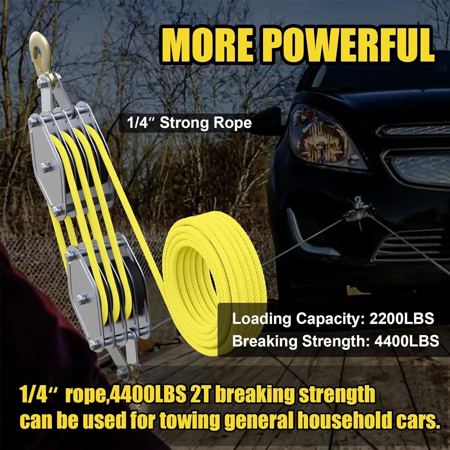 Heavy-Duty Pulley Hoist with 4400 LB Capacity & 65 Ft Rope - Durable & Efficient