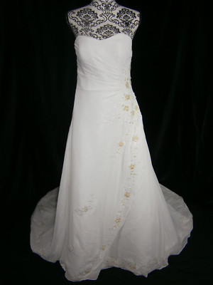D. Michalik Wedding Dress Off-White Chiffon Strapless Beaded Gold Sequins Train
