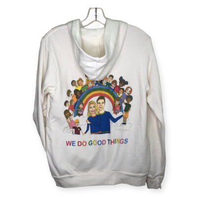 BARELY CANADIAN Ivory Full Zip Up Hooded Sweater Rainbow Graphic Sz M LOOK