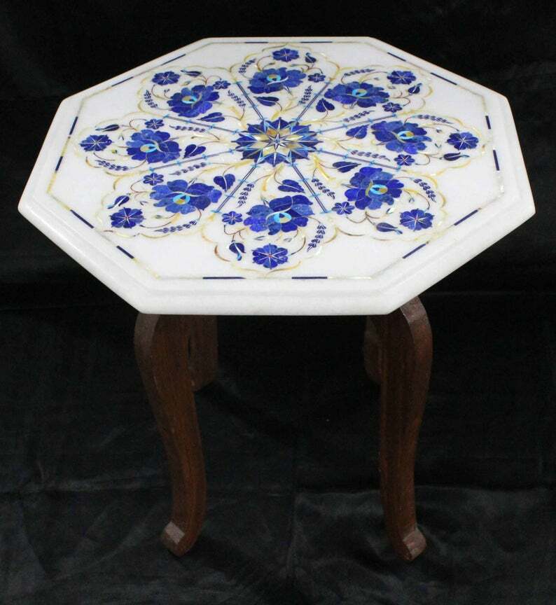 18-inch Marble Side Table with Lapis Inlay and Wooden Stand