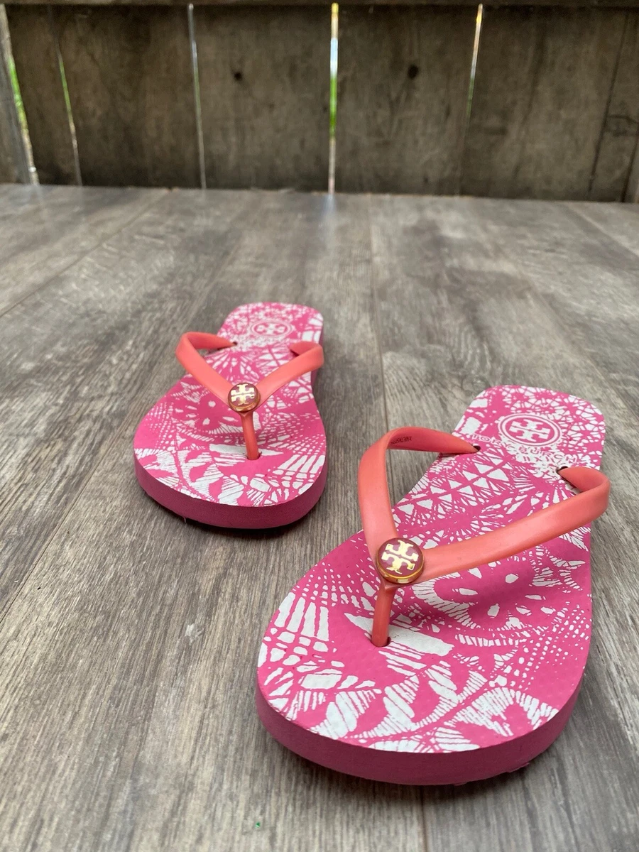 Tory Burch PVC Flip Flop Flops 💕Thong Sandals Pink Garden / Leaf Sz 5.5