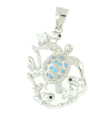 Solid 925 Sterling Silver Blue Topaz Cubic Zirconia Women's Turtle Fish Pendant 