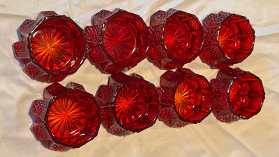 Vintage Mosser Glass Ruby Red Cranberry Hatched Panel Salt Cellars Set of 8