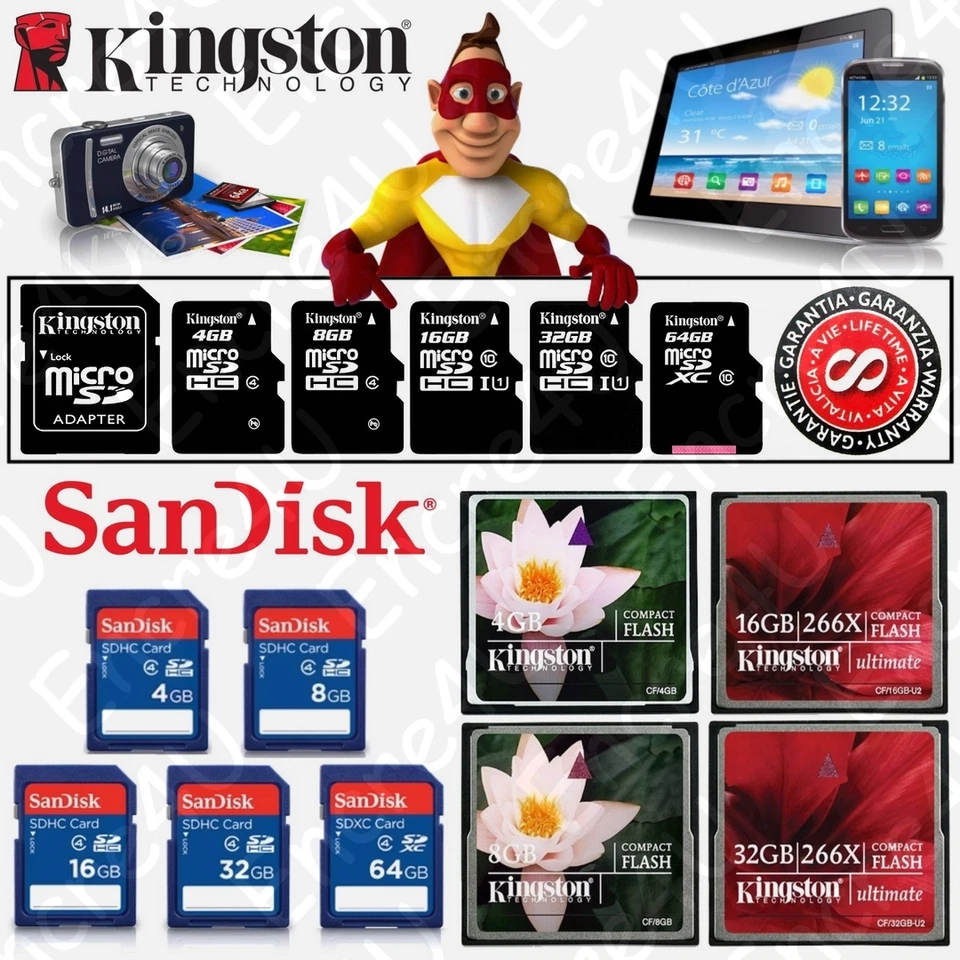 Carte mémoire KINGSTON / SANDISK 4 8 16 32 64 Go Gb Format SD Micro SDHC SDXC CF - Photo 1/1