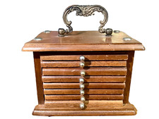 VINTAGE MCM WOODEN DRAWER CORK COASTER SET OF 8 COASTERS w/ WOOD HOLDER