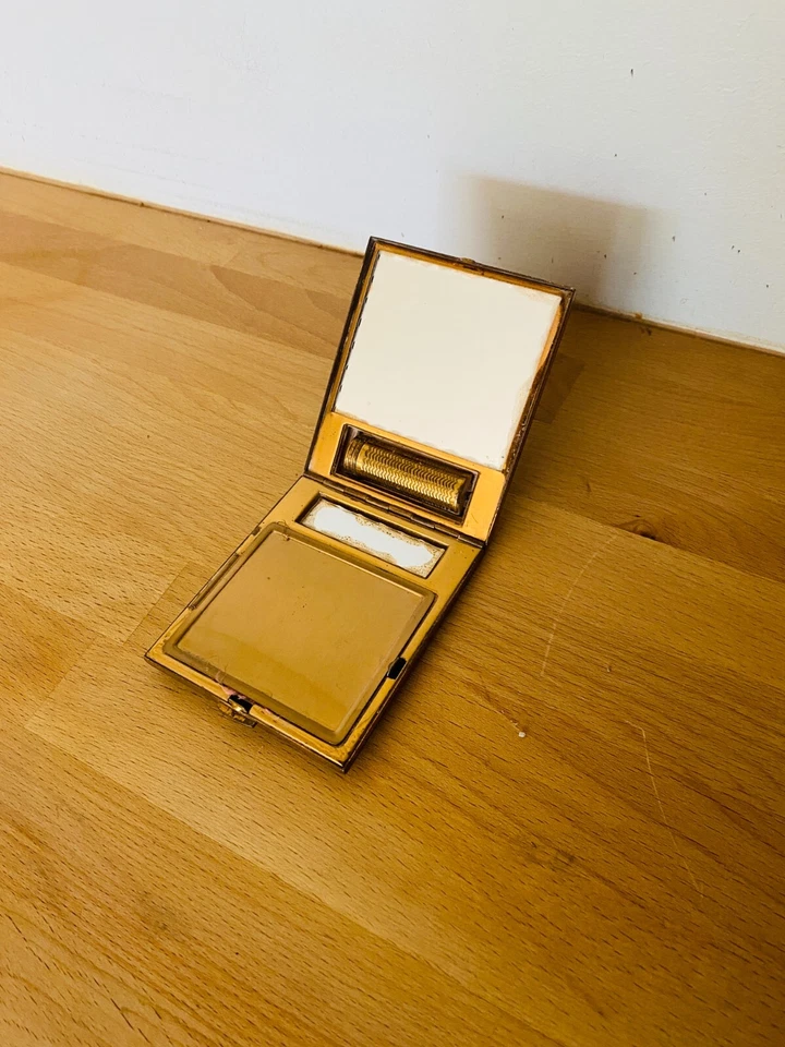 Ancien poudrier de sac avec miroir + rouge à lèvres en métal doré – années 1940 - Photo 4/4