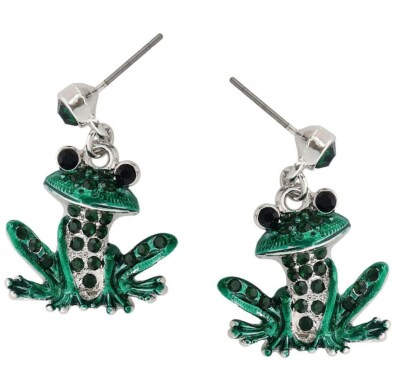 Silvertone Crystal Green Frog Earrings Post Stud with a Gift Box Fast Shipping