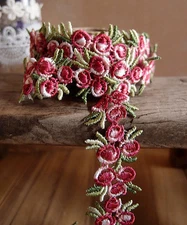 3/4" Vintage Red Rose Floral Embroidered Crochet Lace Trim Ribbon - 5 yards