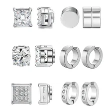 3-6 Pair Men Women Stainless Steel CZ Magnetic Stud Earring Non Piercing Clip on
