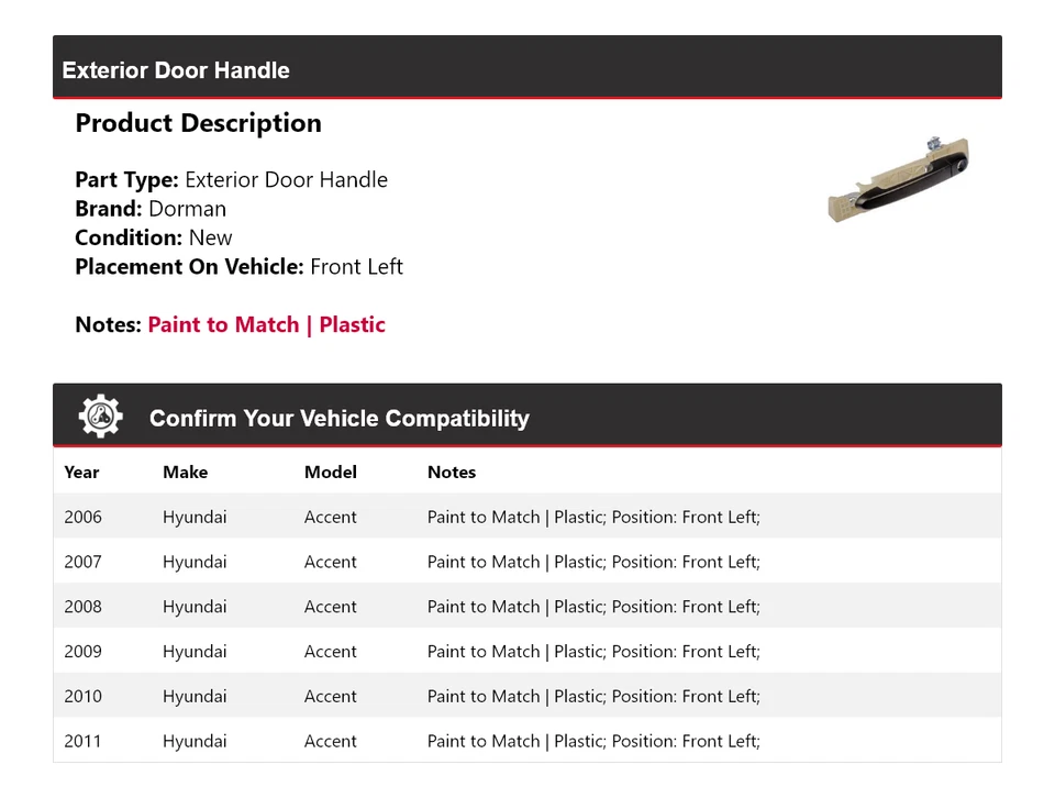 Para 2006-2011 Hyundai Accent Dorman maçaneta externa dianteira esquerda 2007 2008 - Imagem 2 de 4