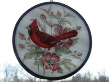 Vintage HAND PAINTED Glass WINDOW SUNCATCHER Red CARDINAL Bird 5-1/2" FREE SHIP