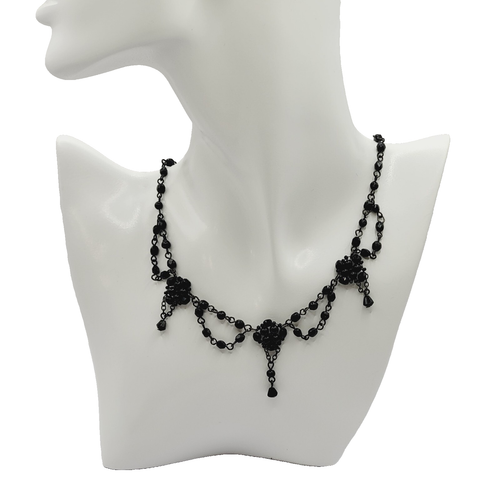 Black Faceted Crystal Bead Victorian Swag Style Dressy Costume Necklace 17 Inch - Picture 7 of 23