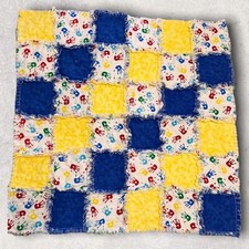 Handmade Baby Patchwork Quilt 28  x 29  Blue Yellow Flannel Lovey Blanket Soft