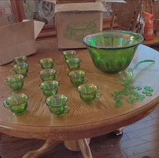 Vintage Indiana Glass Princess Punch Set Iridescent Lime Carnival Glass 7qt Bowl
