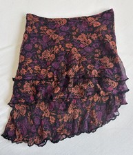 VTG Black Floral Silk Skirt Tiered Asymmetrical Y2K Floral Fairy Whimsigoth Sz 8