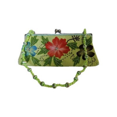 Floral Lime Green Clutch Handbag W/ Beaded Handle