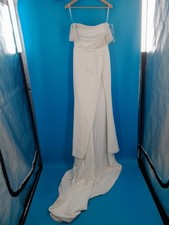 White Strapless Pearl Bodice Satin High Slit Wedding Gown Size 10