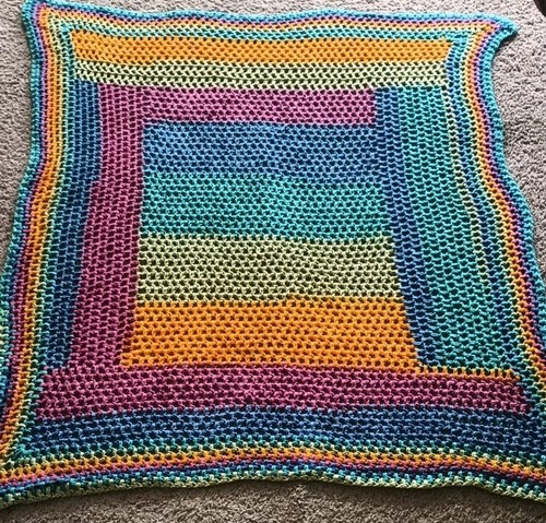 Vintage Handarbeit 44" x 56" Aqua Blau Orange Lila Grün Häkeldecke Überwurf