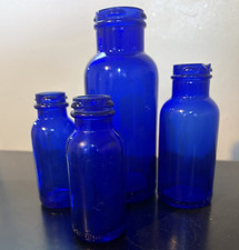 Lot of 4 Cobalt Blue Glass Bottles in Assorted Sizes, Cobalt Blue Color