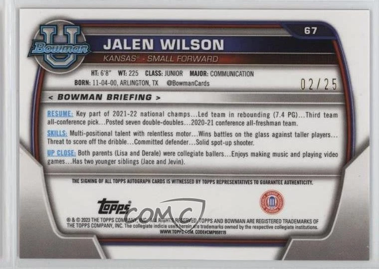 2022-23 Bowman U Chrome Prospect Orange Refractor /25 Jalen Wilson #67 Auto - Image 2 of 2