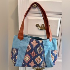 Denim and Patterned Tote with Brown Handles
